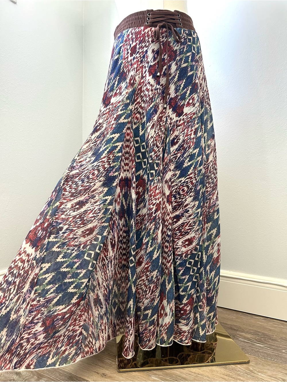Lapis Southwestern Bohemian Rust Blue Semi Sheer Fluted Maxi Skirt Womens M